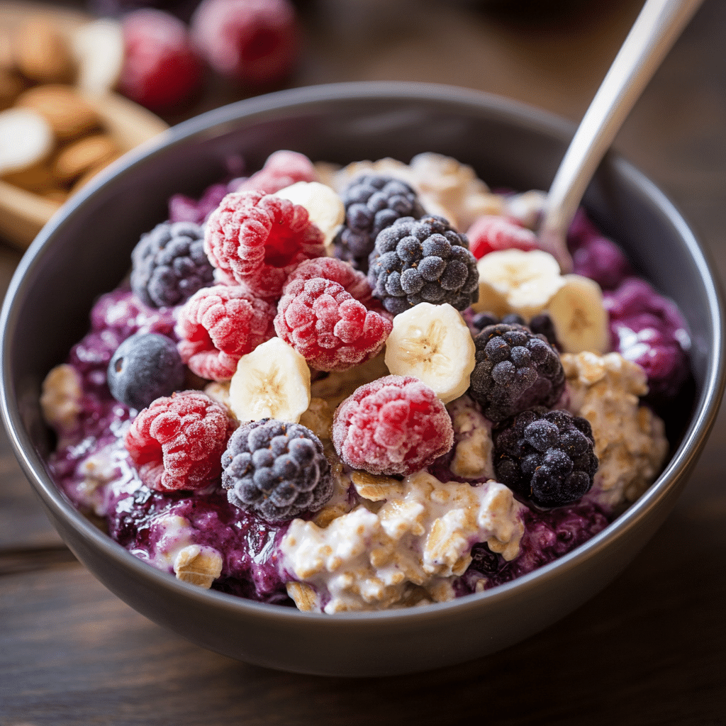 Berry Oatmeal – Heartwarming & Healthy Breakfast Inspiration 7 Finished bowl of berry oatmeal with syrup topping