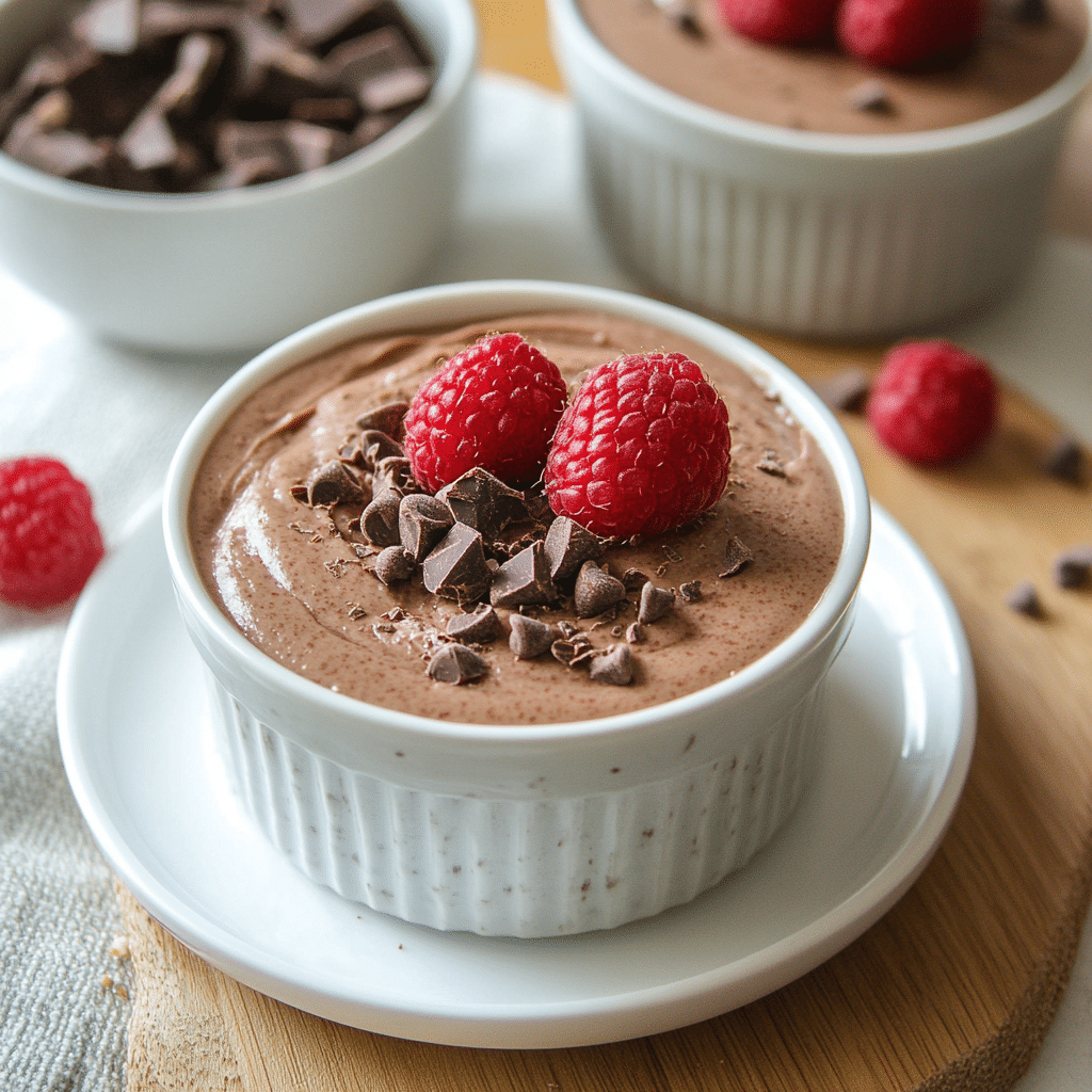 Cottage cheese chocolate mousse recipe in glass cups with whipped cream