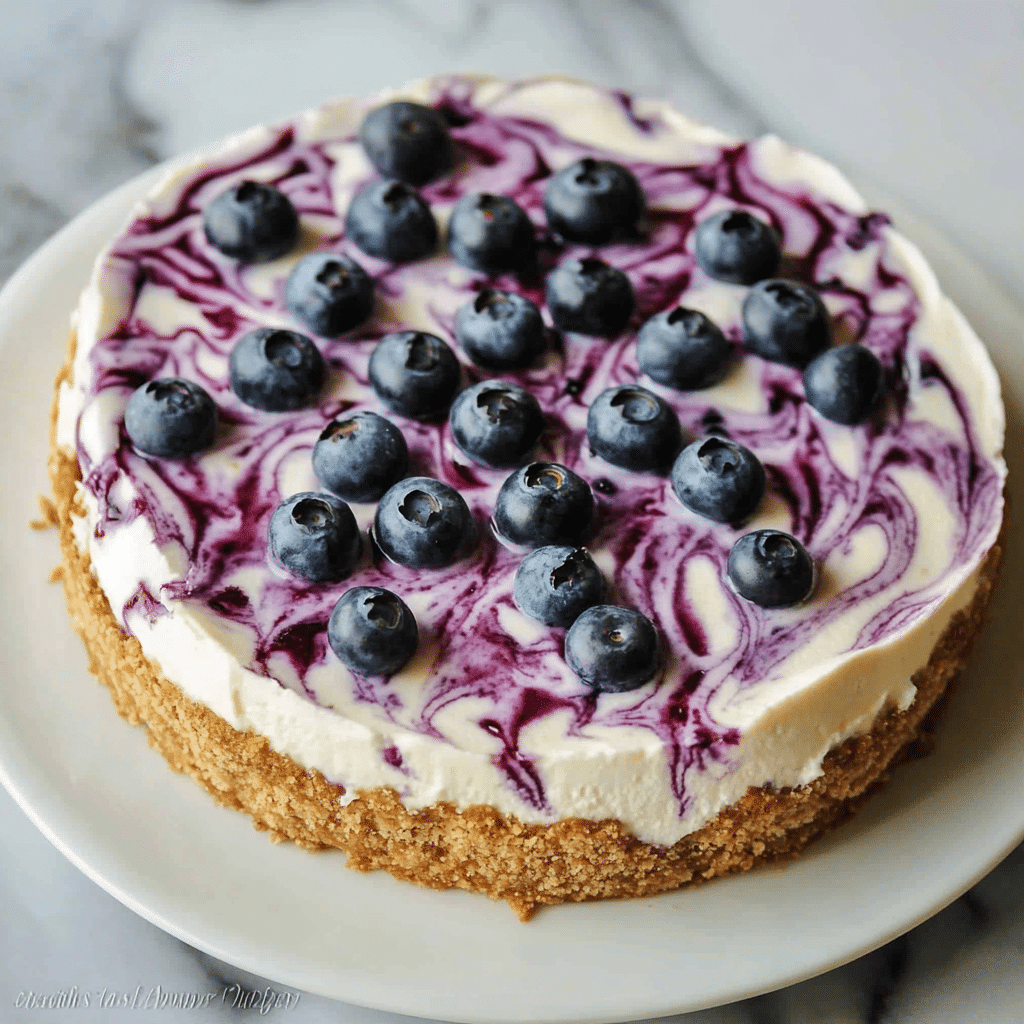No-Bake Blueberry Cheesecake topped with blueberry sauce