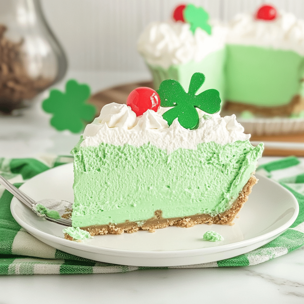 Shamrock Shake Pie: Easy No-Bake Dessert in 5 Minutes 7 Slice of Shamrock Shake Pie with cherry on top