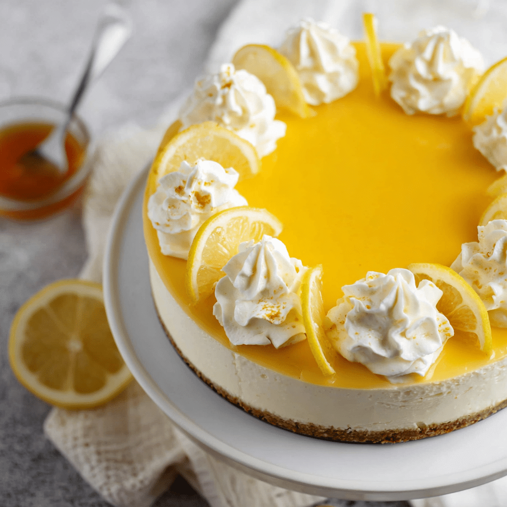 Lemon cheesecake no bake with condensed milk on cake stand