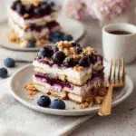 Vegan Blueberry Crumble Tiramisu – A Fruity, Creamy No-Coffee Delight 5 Vegan Blueberry Crumble Tiramisu slice on a plate