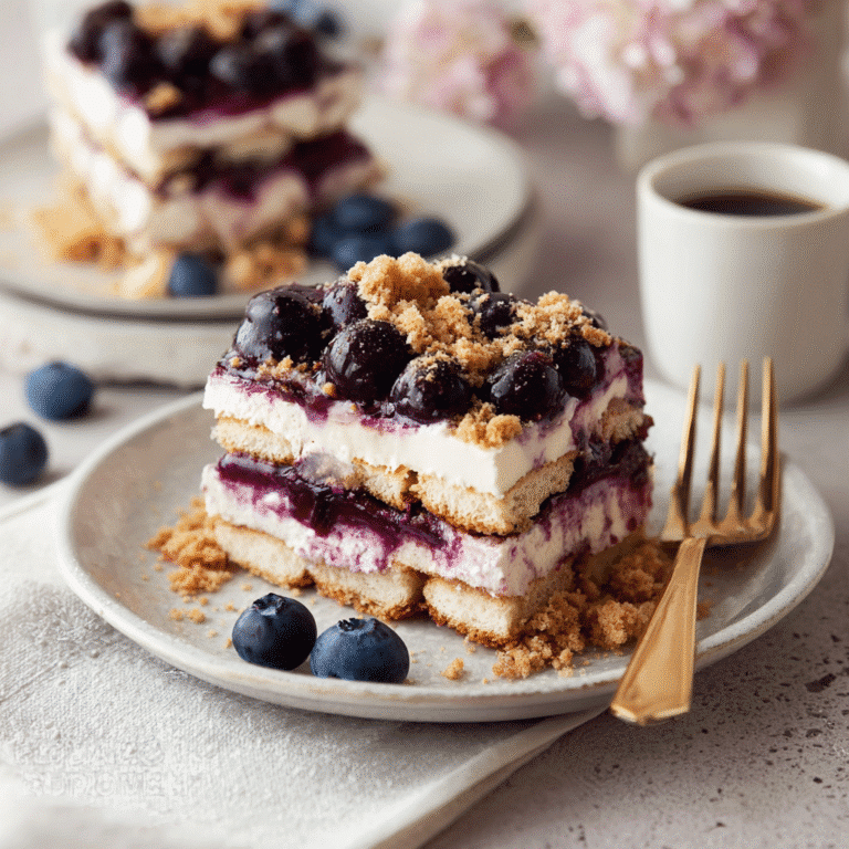 Vegan Blueberry Crumble Tiramisu – A Fruity, Creamy No-Coffee Delight 189 Vegan Blueberry Crumble Tiramisu slice on a plate