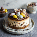 Vegan Mini Egg Cheesecake – The Ultimate No-Bake Easter Dessert 5 Vegan Mini Egg Cheesecake on rustic table with Easter decor